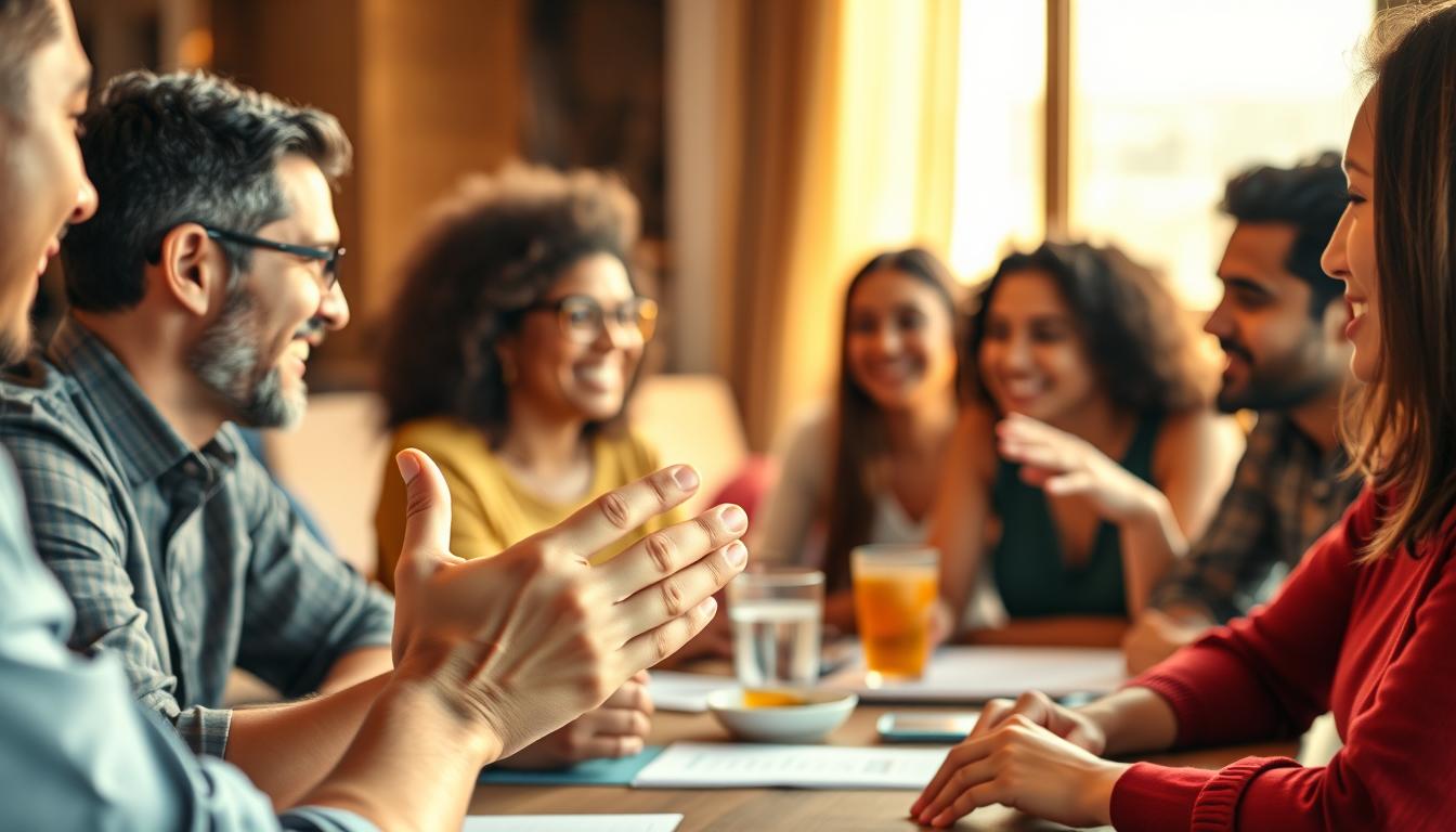 A well-lit, wide-angle shot of a group of diverse individuals seated around a table, discussing their experiences with the QNB Privilege credit card. The foreground features a close-up of one person's hands as they gesticulate, while the middle ground showcases the engaged expressions and animated conversations of the others. The background is softly blurred, creating a sense of depth and intimacy. The lighting is warm and natural, with a slight golden hue that evokes a sense of comfort and camaraderie. The overall atmosphere conveys a sense of trust, collaboration, and a genuine exchange of perspectives on the card's benefits and features.