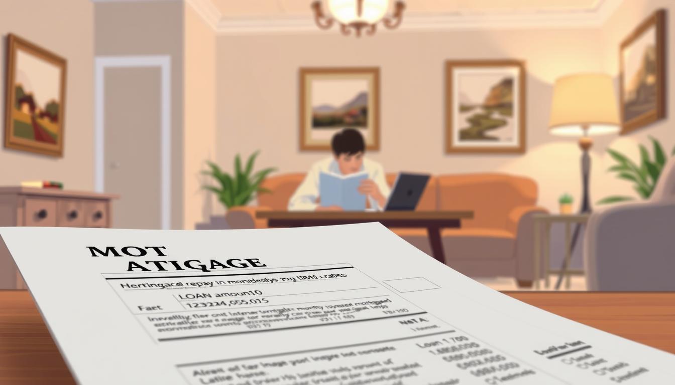 A well-lit, detailed illustration of a residential home with a mortgage repayment document prominently displayed in the foreground. The document should appear crisp and legible, showcasing key details like loan amount, interest rate, and monthly payment. In the middle ground, depict a person sitting at a desk, pensively reviewing financial documents. The background should feature a serene, domestic setting - perhaps a living room with tasteful furnishings and framed artwork on the walls. Convey a sense of thoughtful contemplation and financial responsibility through the lighting, poses, and overall composition.