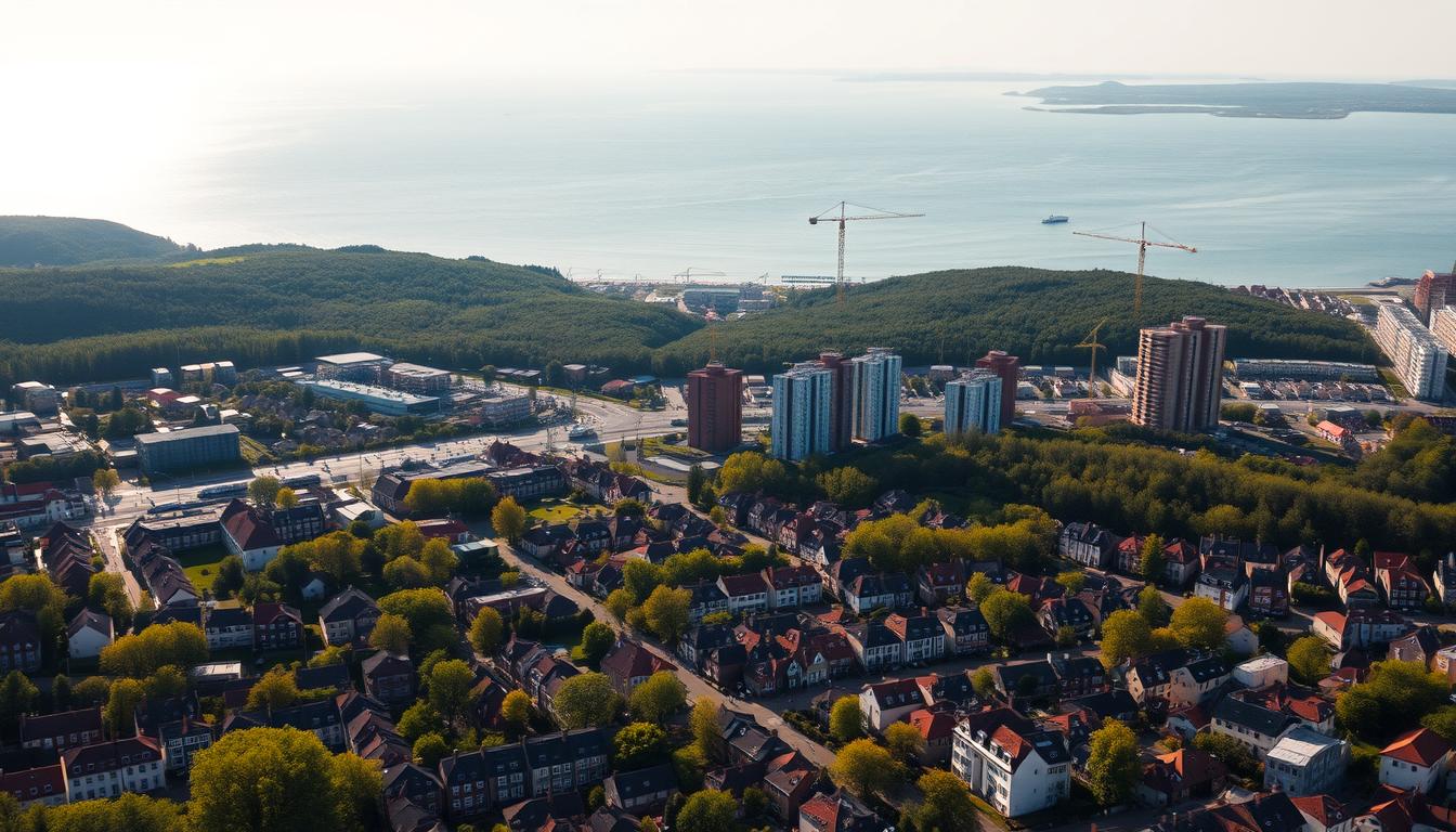 A stunning aerial view of the Estonian capital, Tallinn, showcasing the city's iconic medieval old town and its modern skyscrapers against a backdrop of glistening Baltic Sea. In the foreground, a thriving residential neighborhood with neatly arranged apartment buildings and townhouses, reflecting the vibrant real estate market. The midground features several construction sites, cranes, and newly erected high-rise developments, hinting at the ongoing real estate investment opportunities. The background is dominated by the rolling hills and lush forests that surround the city, creating a harmonious blend of urban and natural landscapes. The scene is illuminated by warm, golden sunlight, casting soft shadows and creating a sense of tranquility and prosperity.