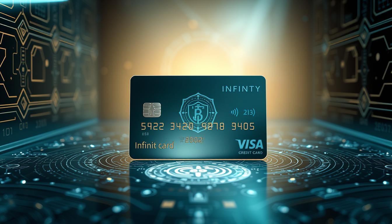 A serene and secure digital canvas, showcasing the unwavering protection of the Infinity Credit Card. Gleaming metallic surfaces subtly reflect the careful craftsmanship, while intricate patterns and symbols evoke a sense of technological sophistication. Soft lighting emanates from within, illuminating the card's sleek, minimalist design and conveying a reassuring aura of safety and reliability. The composition is balanced, with the card positioned centrally, surrounded by a clean, uncluttered environment that emphasizes its importance and the user's peace of mind. Overall, the image radiates a sense of confidence, trust, and the promise of seamless, worry-free financial transactions.