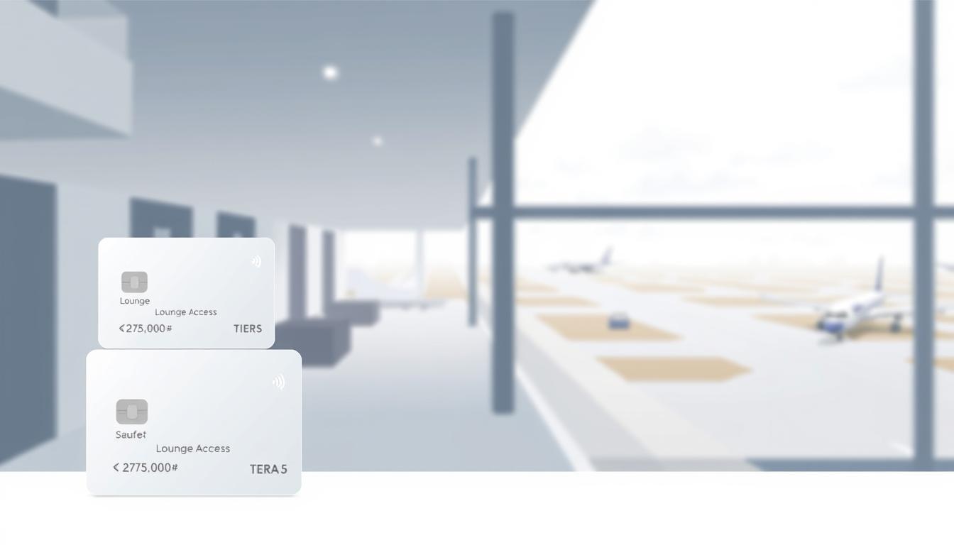 A modern, minimalist illustration of "lounge benefits tiers" for a premium credit card. In the foreground, three stacked tiers representing different lounge access privileges, each with a subtle icon or symbol. The middle ground features a clean, abstract airport terminal or lounge environment, with geometric shapes and clean lines. The background showcases a soft, blurred landscape of distant airport runways and aircraft, creating a sense of high-end travel and luxury. The overall composition is balanced, with a cool, sophisticated color palette and precise, technical lighting to convey a professional, aspirational tone.