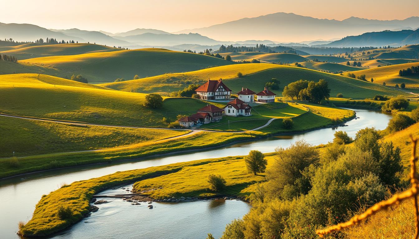 A serene landscape of rolling hills and lush greenery, bathed in warm, golden sunlight. In the foreground, a tranquil river winds its way through the picturesque scene, its calm waters reflecting the surrounding beauty. In the middle ground, a group of traditional Bulgarian houses stand proudly, their red-tiled roofs and whitewashed walls blending seamlessly with the natural environment. In the distance, the silhouettes of distant mountains rise up, their peaks touched by a hint of snow. The overall atmosphere is one of financial stability and sustainable policies, a harmonious balance between progress and preservation.