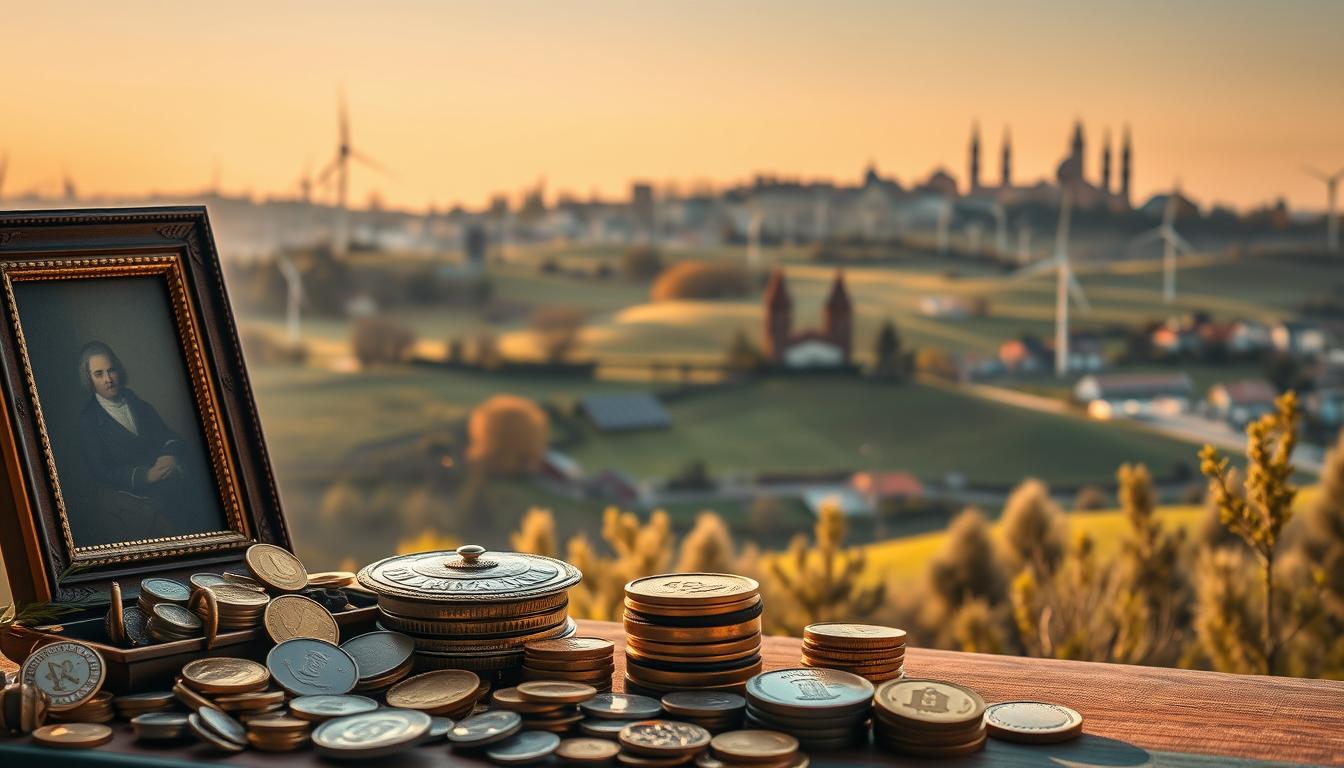 A serene financial landscape in Latvia, showcasing diverse alternative investments. In the foreground, a carefully curated portfolio of precious metals, fine art, and antique collectibles, illuminated by soft, natural lighting. The middle ground features a tranquil, rolling hillside dotted with wind turbines and solar panels, harnessing the country's renewable energy potential. In the background, the silhouettes of historic Riga landmarks stand tall, symbolizing the stability and tradition that underpin the nation's financial ecosystem. The overall atmosphere conveys a sense of prudent diversification, sustainable growth, and the harmony between traditional and innovative investment approaches in Latvia.