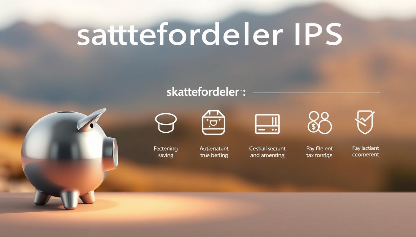 A sleek and modern illustration of the "skattefordeler IPS" concept. The foreground features a stylized, minimalist depiction of a piggy bank or savings account, with a subtle spotlight illuminating its metallic surfaces. The middle ground showcases a series of simplified, geometric shapes and icons representing the key tax benefits and financial principles of the IPS (Individuelle Pensjonssparordning) retirement savings program in Norway. The background is a softly blurred, gradient-based landscape in muted, earthy tones, creating a serene and contemplative atmosphere. The overall composition conveys a sense of financial security, growth, and the long-term advantages of the IPS system.
