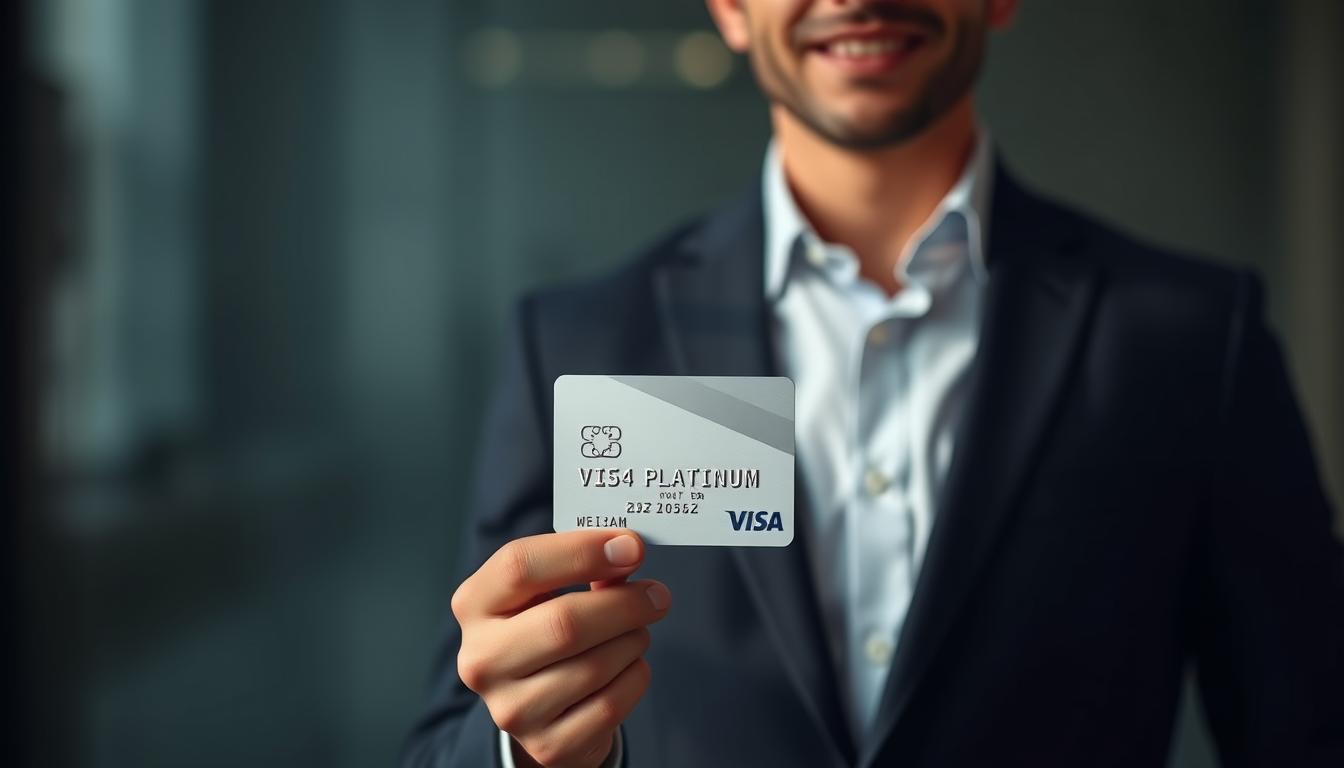 A well-dressed individual standing confidently, holding a sleek Visa Platinum card with a minimalist design. The card is the focal point, illuminated by soft, directional lighting that casts subtle shadows, highlighting its premium features. The background is blurred, creating a sense of depth and emphasizing the card's importance. The overall mood is one of sophistication, exclusivity, and financial security, conveying the target audience for this elite banking product.