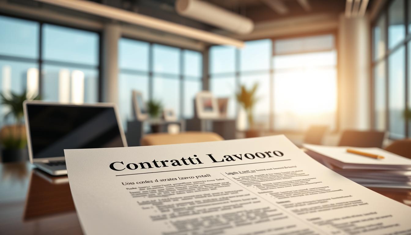 A detailed contract document floating in a serene office setting, illuminated by warm natural lighting filtering through large windows. The foreground features the contract's title "Contratti Lavoro Italia" in a prominent yet elegant typeface, its pages crisp and inviting. In the middle ground, a laptop and a neat stack of related documents suggest a professional work environment. The background depicts a minimalist, modern Italian office interior, with sleek furniture and décor conveying a sense of sophistication. The overall atmosphere is one of organized productivity and attention to detail, reflecting the importance of employment contracts in Italy's labor landscape.