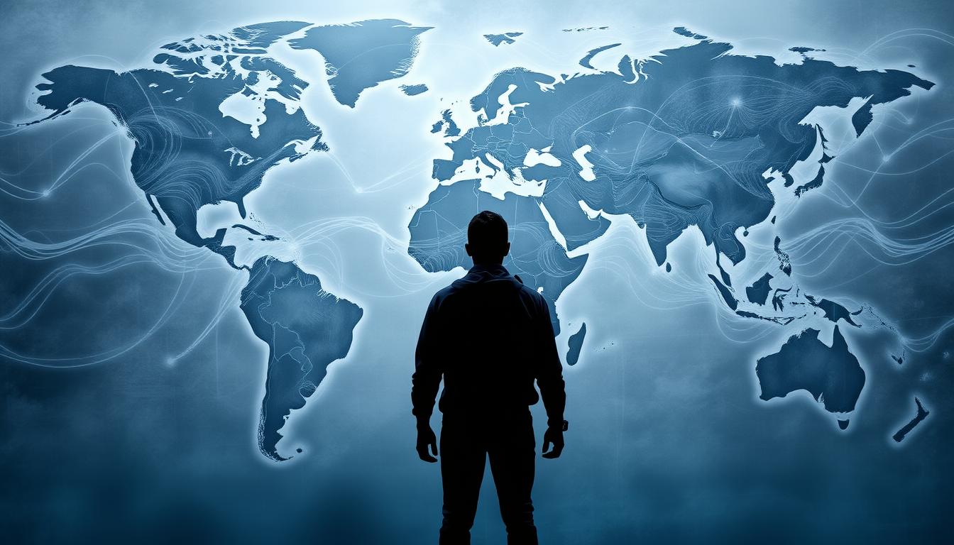 A vast, interconnected world map dominates the frame, rendered in muted tones of gray and blue. Swirling currents and turbulent waves overlay the continents, symbolizing the ebb and flow of global economic forces. In the foreground, a solitary figure stands, a pensive expression on their face as they gaze out at the dynamic, ever-changing landscape. The lighting is dramatic, with sharp contrasts and deep shadows, conveying a sense of uncertainty and unease. The overall mood is one of complexity and interdependence, reflecting the delicate balance of the global market and the inherent risks that come with it.