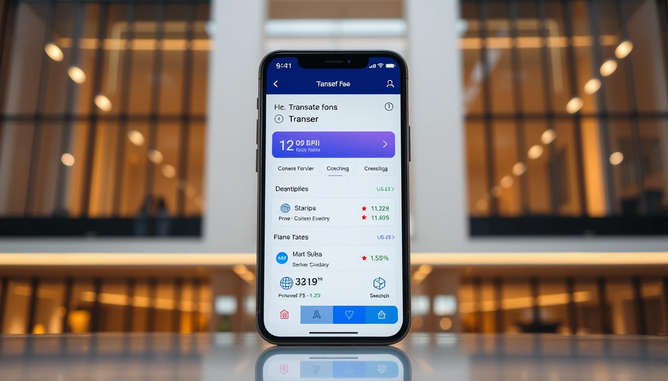 A vibrant banking interface showcasing low international transfer fees. In the foreground, a sleek mobile app dashboard with intuitive transaction menus and competitive exchange rates prominently displayed. The middle ground features a sophisticated bank logo and stylized icons denoting global connectivity. The background subtly blends modern architectural elements, conveying a sense of secure, technology-driven financial services. Warm lighting and a refined color palette evoke a professional, trustworthy atmosphere. The composition balances minimalist aesthetics with clear, informative visuals to illustrate the bank's commitment to affordable cross-border payments.