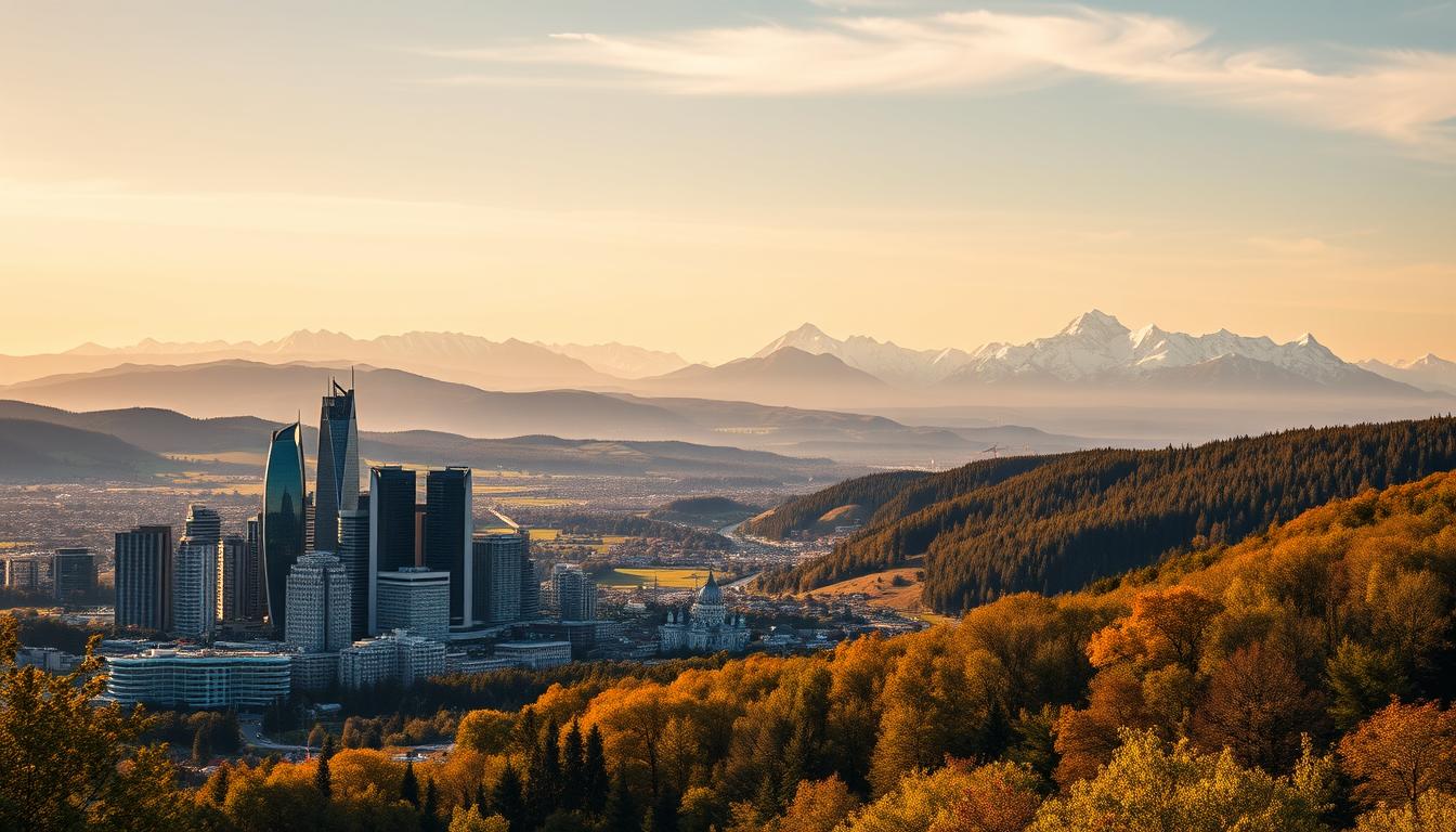 A breathtaking landscape showcasing the financial resources of Romania. In the foreground, a modern city skyline rises up, its sleek skyscrapers and bustling streets a symbol of economic growth. In the middle ground, rolling hills and lush forests stretch out, representing the natural wealth and resources of the country. In the background, majestic mountains loom, their snow-capped peaks a testament to the grandeur and untapped potential of Romania's financial landscape. Warm, golden sunlight bathes the scene, creating a sense of prosperity and optimism. Captured through the lens of a wide-angle camera, the composition emphasizes the interconnectedness of Romania's urban, natural, and financial realms, inviting the viewer to explore the diverse array of investment opportunities and financial planning resources available within the country.
