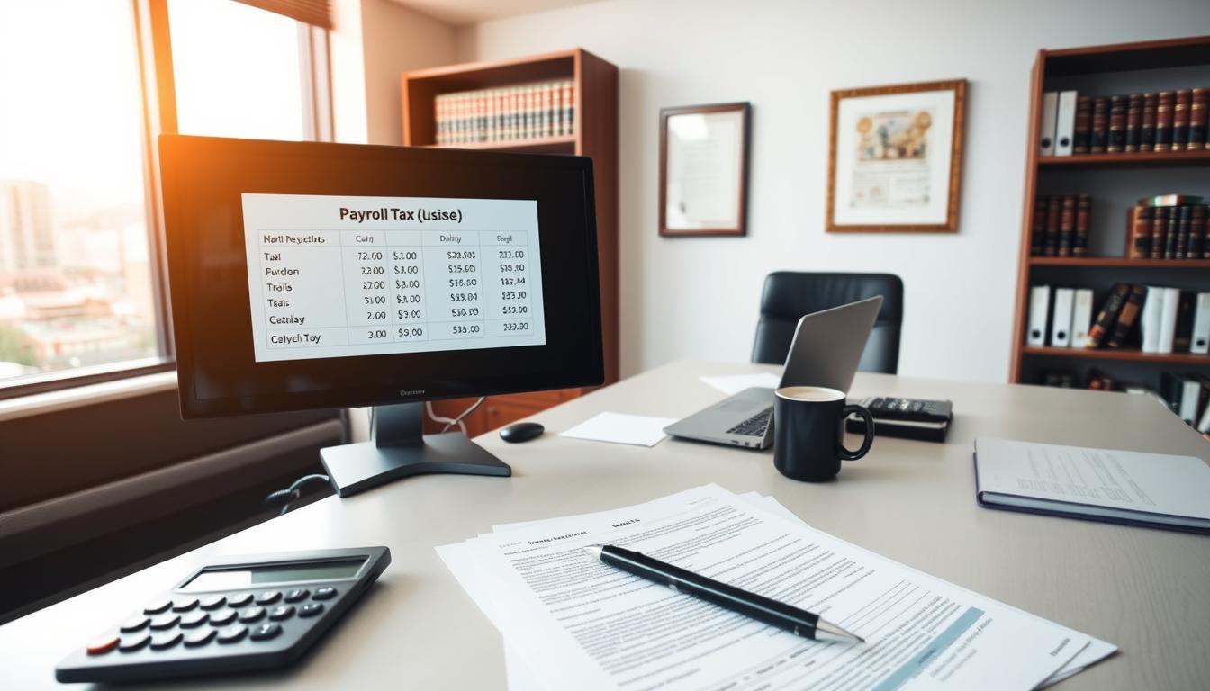 A well-lit office scene with a computer screen displaying payroll tax calculations for a South African business. In the foreground, a calculator, pen, and documents related to payroll tax regulations. In the middle ground, an executive desk with a laptop, coffee mug, and a framed certificate on the wall. The background features a bookshelf with legal texts and a large window overlooking a cityscape. The overall mood is professional, organized, and focused on financial compliance.