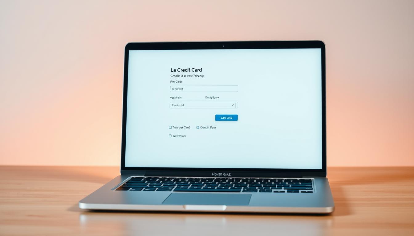 A sleek, modern digital application form for a credit card appears on a minimalist laptop screen. The layout is clean and visually appealing, with intuitive input fields and navigation buttons. The user interface conveys a sense of professionalism and trust, reflecting the reputable financial institution. Warm, indirect lighting casts a subtle glow, creating a welcoming atmosphere. The overall composition emphasizes the seamless, digital nature of the application process, highlighting the convenience and simplicity of online credit card enrollment in Latvia.