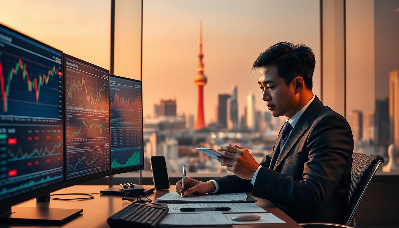 A comprehensive stock analysis strategy with a focus on the Korean market. In the foreground, a desktop workspace with financial charts, graphs, and analytical tools displayed on multiple screens. In the middle ground, a person in a suit studying the data intently, making notes and calculations. The background features the Seoul skyline, with the iconic N Seoul Tower visible in the distance, symbolizing the local context. The lighting is warm and focused, creating a professional and thoughtful atmosphere. The overall composition conveys a sense of deep research, strategic planning, and informed decision-making for successful Korean stock investments.