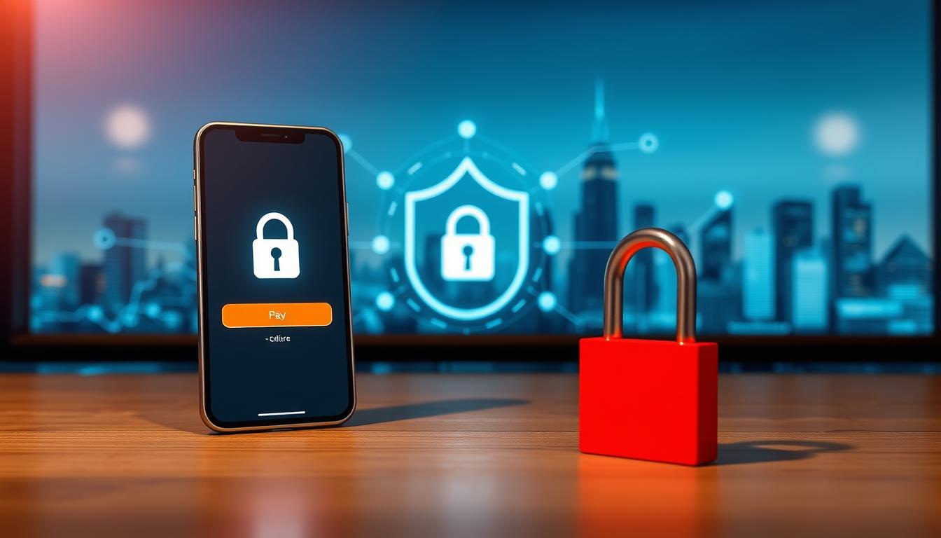 Prompt A digital banking security concept, showcasing a secure online transaction. In the foreground, a smartphone screen displays a seamless payment process, with a lock icon and padlock symbol indicating the transaction's safety. The middle ground features a secure network connection, represented by digital data flows and encryption elements. In the background, a minimalist financial skyline backdrop sets the scene, conveying the idea of digital finance and the importance of online transaction safety. The overall mood is one of confidence, trust, and technological sophistication, reflecting the reliability and security of digital banking.