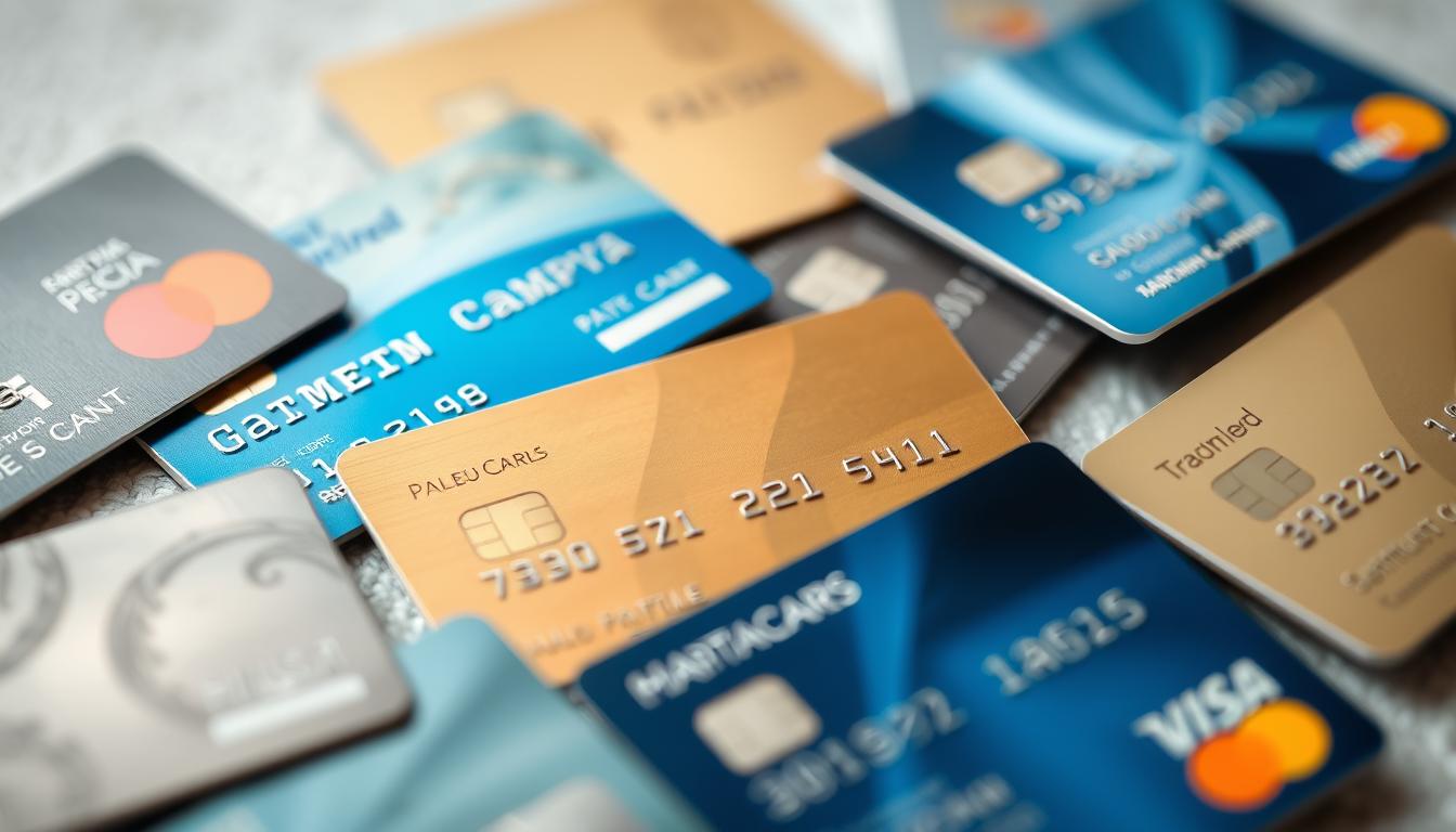 High-quality close-up of assorted Italian credit cards in a tasteful and elegant composition, arranged on a neutral background with soft, natural lighting and a shallow depth of field to emphasize the textural details and branding of the cards. The cards should be displayed in an organized, visually appealing manner that showcases their design and conveys a sense of financial security and reliability associated with credit card usage in Italy.