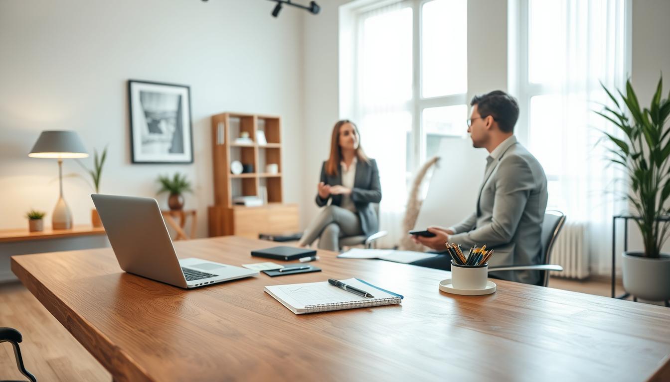 A serene and professional office setting, filled with the tools and atmosphere of strategic business advisory services. The foreground features a wooden desk with a laptop, pen, and notepad, conveying a sense of thoughtful consultation. The middle ground showcases two individuals, one offering guidance while the other listens intently, their body language exuding trust and collaboration. The background depicts a minimalist, yet sophisticated space with tasteful decor and large windows, allowing natural light to flood the room, creating a warm and inviting ambiance. The overall scene evokes a sense of expertise, problem-solving, and a commitment to helping businesses thrive.