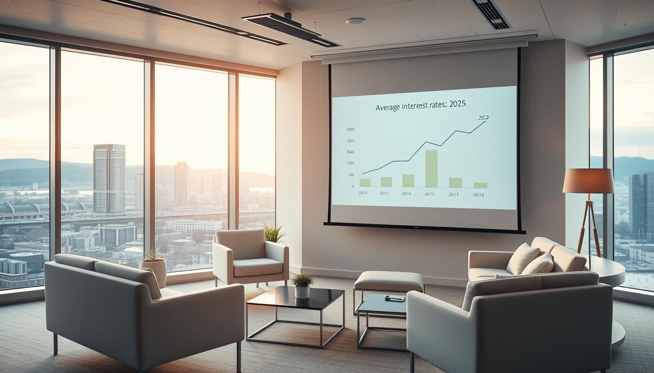 A clean, modern office interior with sleek furniture and large windows overlooking a city skyline. The focus is on a projection screen displaying a graph of average mortgage interest rates in Norway for the year 2025, presented in a clear and visually appealing manner. Soft, warm lighting casts a serene atmosphere, and the overall composition evokes a sense of professionalism and authority on the subject of Norwegian home loan conditions.
