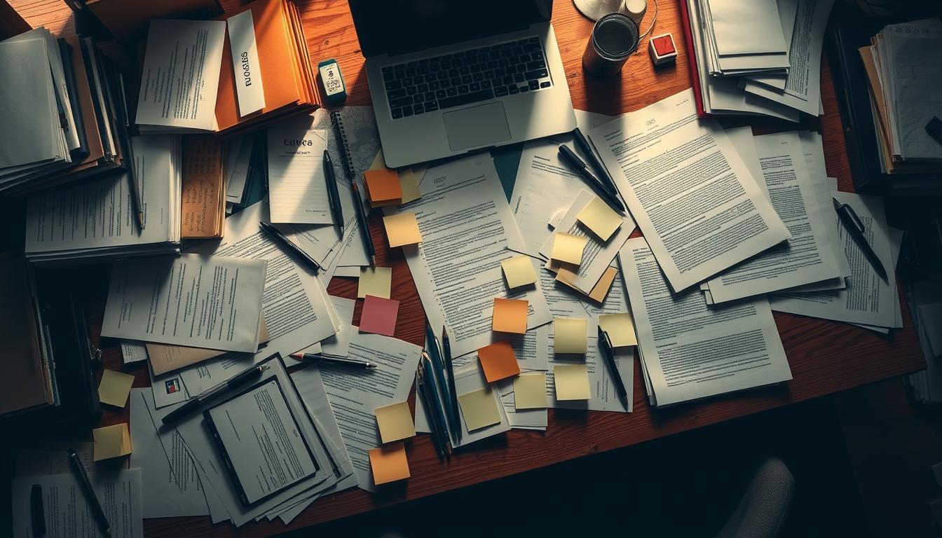 A high-angle view of a cluttered desk with various office supplies and documents, representing the "exceptions and limitations" that consumers often overlook. Muted, warm lighting casts soft shadows, creating a pensive atmosphere. The desktop is filled with a jumble of stationery, sticky notes, paperwork, and a laptop, symbolizing the complexity and hidden details that can be easily missed. The scene conveys a sense of administrative bureaucracy and the need to carefully navigate the fine print. The overall composition emphasizes the idea of overlooked complexities and the importance of paying attention to the small print.