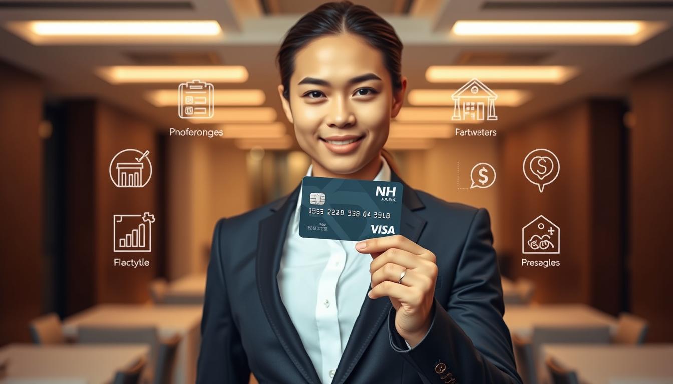 A corporate worker standing in a modern office, dressed in a sharp suit, holding a stylish NH bank card. The lighting is warm and professional, with a subtle depth of field blurring the background. The worker's expression conveys confidence and financial savvy. The card is the focal point, showcasing its sleek design and branding. Surrounding the scene are visual cues alluding to the diverse NH card offerings, such as icons representing different lifestyles and financial needs. The overall atmosphere is one of sophisticated banking solutions tailored to the dynamic lives of today's professionals.