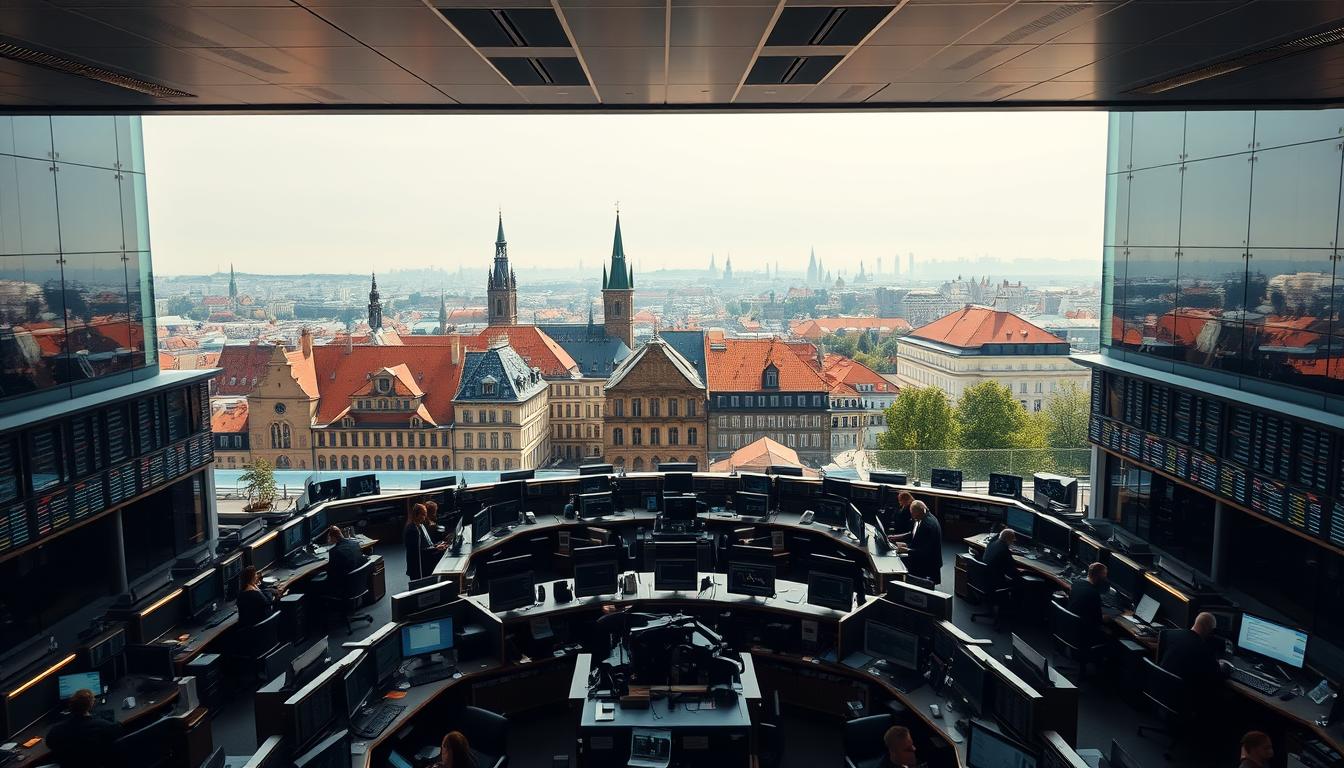 A bustling Danish stock exchange, with a panoramic view of the city skyline in the background. The foreground features a central trading floor, complete with rows of desks and computer screens, where financial analysts and investors scrutinize stock charts and make trades. The lighting is a soft, natural glow, casting a warm, professional atmosphere. The middle ground showcases the iconic Copenhagen architecture, with its red-tiled roofs and spires, while the distant background is a hazy silhouette of the city's iconic landmarks, such as the Tivoli Gardens and the Christiansborg Palace. The overall scene conveys a sense of financial stability, economic opportunity, and the dynamic nature of the Danish stock market.
