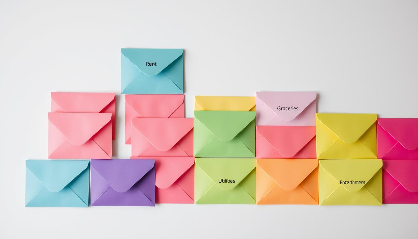 A neatly organized arrangement of colorful envelopes against a clean, minimalist background. The envelopes are positioned in a grid-like pattern, with each one meticulously labeled with a different expense category, such as "Rent," "Groceries," "Utilities," and "Entertainment." The lighting is soft and diffused, creating a calming and organized atmosphere. The image conveys a sense of control and structure, highlighting the importance of categorizing and tracking monthly expenses. The overall composition is visually appealing, with a balanced and symmetrical layout that emphasizes the methodical approach to budgeting.
