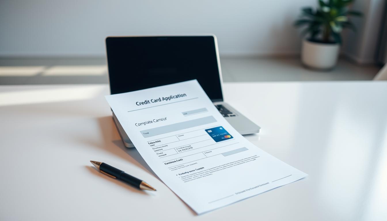 A sleek, modern office desk with a laptop, a pen, and a credit card application form prominently displayed. The desk is set against a backdrop of a minimalist, well-lit office interior, with clean lines and muted colors. The lighting is soft and natural, creating a warm, professional atmosphere. The composition is balanced, with the credit card application form taking center stage, conveying the importance of the task at hand. The overall mood is one of efficiency, organization, and a sense of accomplishing an important financial task.
