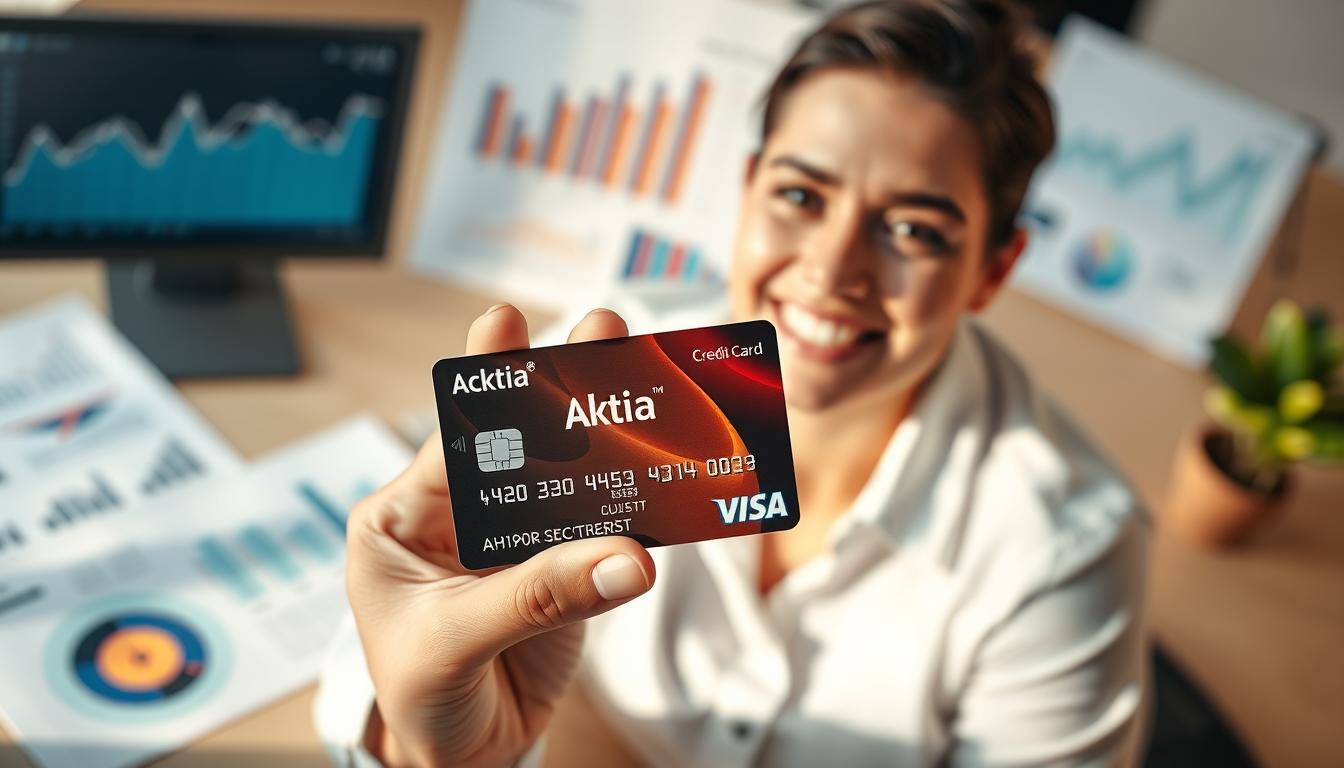 A modern, well-designed Aktia Credit card being held in the foreground by a smiling person's hand against a blurred background of financial documents, graphs, and a laptop screen. The lighting is warm and natural, creating a sense of professionalism and success. The card is displayed prominently, reflecting the individual's proud and confident expression. The overall atmosphere conveys a feeling of achievement and accomplishment in the successful application process.