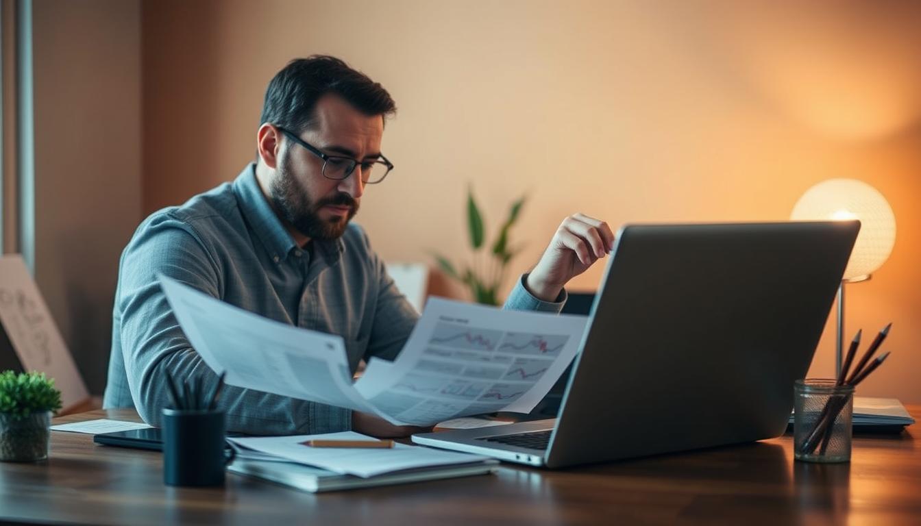 A self-employed person sits at a wooden desk, contemplating their retirement savings plan. The foreground shows their focused expression as they review financial documents and a laptop screen. The middle ground includes a plant, a pen holder, and other office accessories, conveying a sense of a hard-working, independent professional. The background features a warm, natural-toned wall, suggesting a cozy, home-office setting. Soft, diffused lighting from a nearby window casts a gentle glow, creating a pensive, introspective mood. The scene evokes the challenges and considerations faced by self-employed individuals as they plan for their financial future.