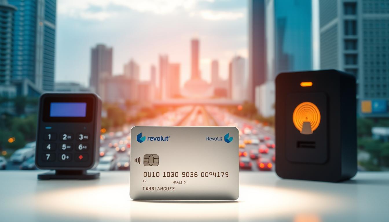 A modern financial security scene with Revolut branding in the Philippines. In the foreground, a Revolut card casts a soft glow, showcasing its sleek, minimalist design. In the middle ground, a security keypad and biometric scanner flank the card, emphasizing the robust security features. The background depicts a bustling cityscape of Manila, with skyscrapers and traffic, symbolizing the convenience and protection Revolut offers its users in the Philippines. The lighting is crisp and directional, creating depth and highlighting the key elements. The overall atmosphere conveys a sense of trust, safety, and technological innovation.