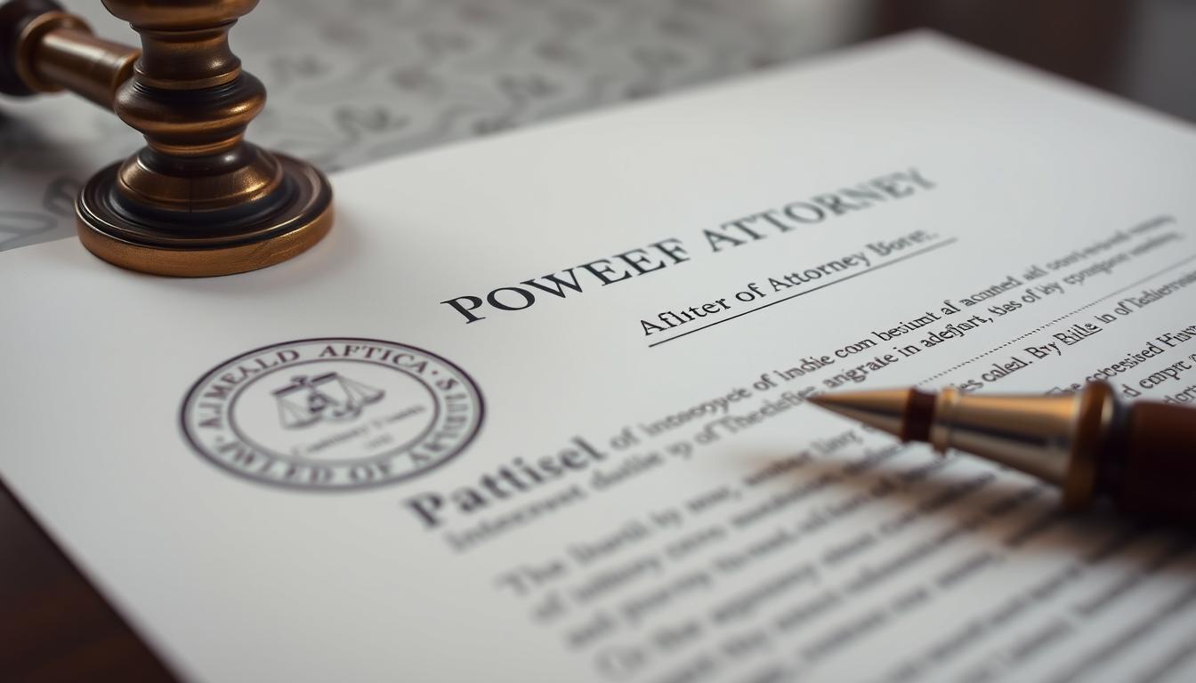 A professional legal document with intricate details, showcasing the power of attorney in South Africa. The foreground depicts the official stamp, seal, and signatures, conveying the gravity and authority of the document. The middle ground highlights the carefully crafted text, emphasizing the legal terminology and provisions. The background features a subtle, elegant pattern, reminiscent of traditional legal documents, creating a sense of tradition and legitimacy. The lighting is soft and even, with a slight vignette effect, drawing the viewer's attention to the central elements. The camera angle is slightly elevated, giving the impression of the document's importance and significance.