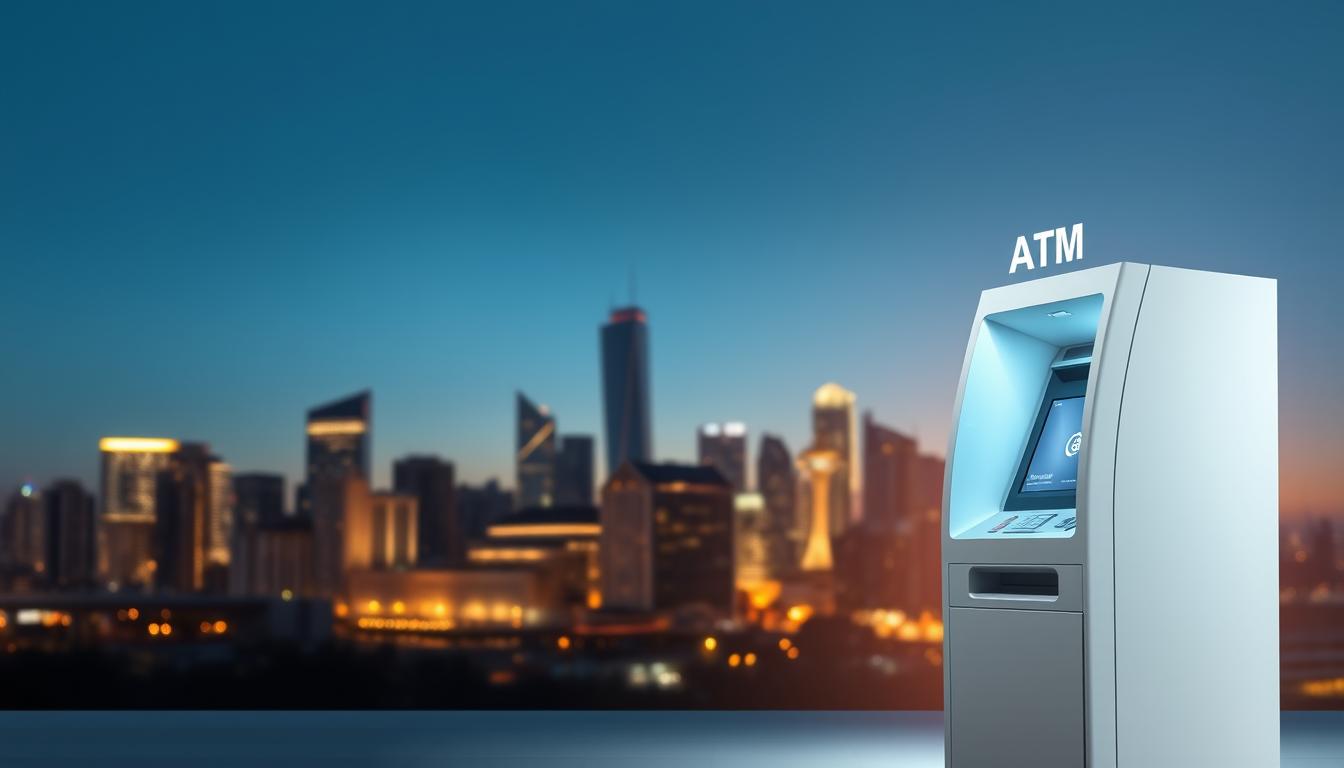 A sleek and modern ATM machine set against a backdrop of a bustling city skyline. The ATM is rendered in a minimalist design, with a clean, white casing and a large, intuitive touchscreen display. The foreground is bathed in soft, ambient lighting, creating a sense of tranquility and efficiency. In the middle ground, the city skyline rises up, its towering glass and steel structures reflecting the warm glow of the setting sun. The overall atmosphere conveys a sense of financial empowerment and convenience, perfectly capturing the essence of the "Kuidas maksimaalselt ära kasutada kuni 1000 € tasuta väljavõtte võimalust" section of the article.