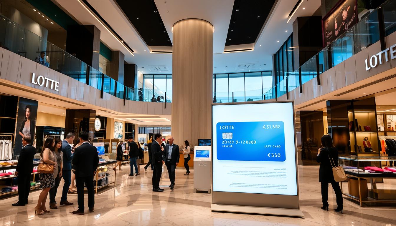 A modern and upscale interior of a Lotte Department Store, showcasing the luxurious shopping experience and exclusive benefits for Lotte Card holders. The scene features a spacious and well-lit atrium with high ceilings, polished marble floors, and elegant decor. In the foreground, a group of well-dressed customers are browsing through high-end fashion and lifestyle displays, highlighting the premium products and services available. In the middle ground, a prominent Lotte Card display stands, showcasing the card's features and promotional offers. The background depicts the store's sleek and contemporary architectural design, with large windows allowing natural light to flood the space. The overall atmosphere conveys a sense of exclusivity, sophistication, and the exceptional privileges that Lotte Card holders can enjoy at the department store.