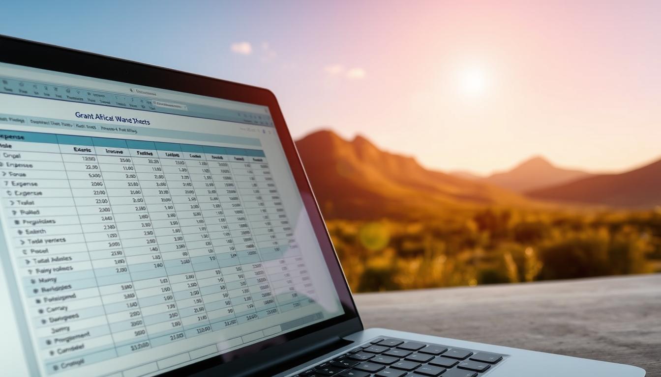 Detailed financial planning and budgeting for a South African grant project. A well-organized spreadsheet on a laptop screen, with line items for expenses, income sources, and cash flow projections. In the background, a picturesque South African landscape with mountains, rolling hills, and a clear blue sky. Warm, natural lighting casts a soft glow on the scene, conveying a sense of diligence and thoughtfulness in the grant budgeting process. The overall mood is one of professionalism, attention to detail, and the responsible management of public funds.