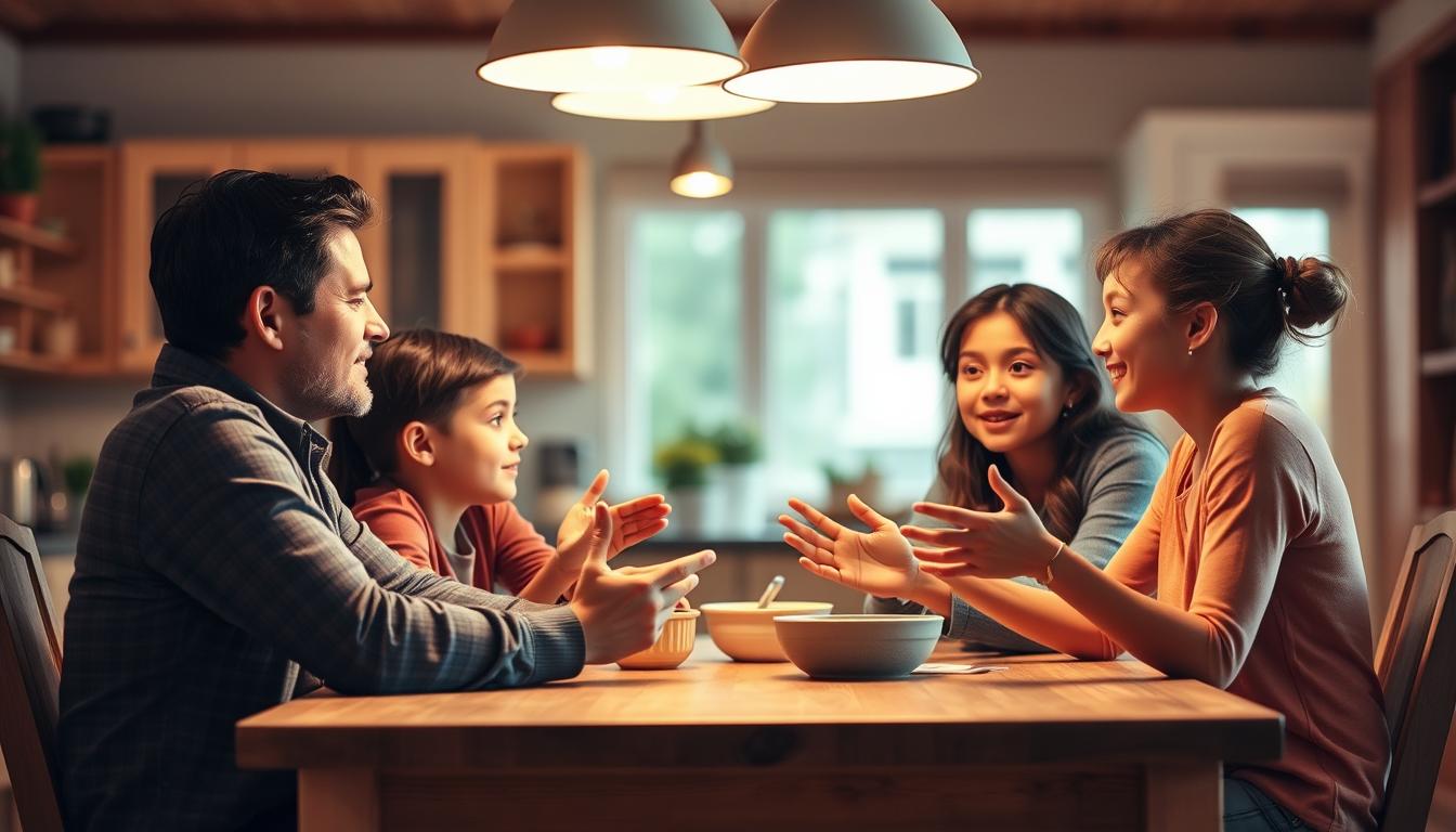 A family of four gathered around a wooden kitchen table, engaged in open and thoughtful discussion. Warm lighting from overhead lamps casts a cozy glow, creating an atmosphere of trust and understanding. The parents listen intently, their body language conveying empathy, while the children speak freely, hands gesturing as they share their perspectives. The background is blurred, keeping the focus on the intimate family dynamic and the psychological aspect of their financial conversation. The scene evokes a sense of familial harmony, where open communication and collaborative problem-solving are the foundations for effective household budgeting.