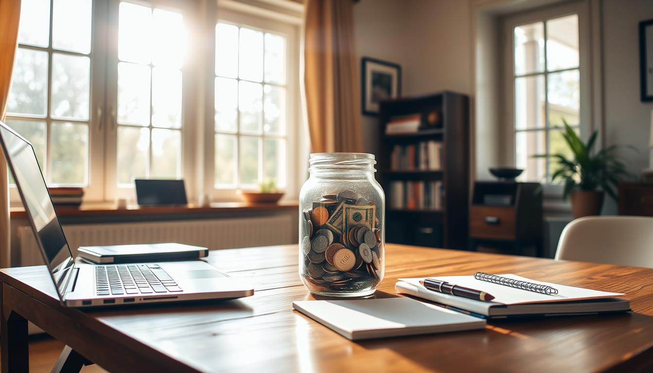 A secure, well-lit home office interior with a sturdy wooden desk, where a glass jar or piggy bank filled with coins and bills sits prominently in the middle. Sunlight streams in through large windows, casting a warm, inviting glow. On the desk, a laptop, pen, and notebook are neatly arranged, suggesting a workspace dedicated to financial planning and organization. The overall atmosphere conveys a sense of stability, preparedness, and easy accessibility to the emergency fund.