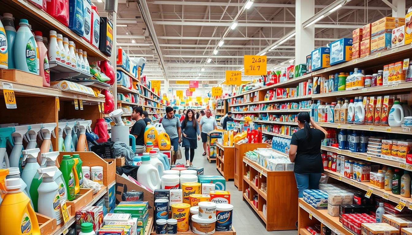 A vibrant marketplace scene showcasing an array of household items and everyday necessities. In the foreground, an assortment of cleaning supplies, kitchen gadgets, and personal care products are neatly displayed on wooden shelves, their prices prominently displayed. In the middle ground, shoppers browse the aisles, examining the goods and comparing prices. The background is filled with the bustling activity of a well-stocked supermarket, with high ceilings, bright lighting, and a sense of efficiency and organization. The overall atmosphere conveys a sense of affordability and value, with the focus on practical, everyday items that make up the fabric of a modern household.