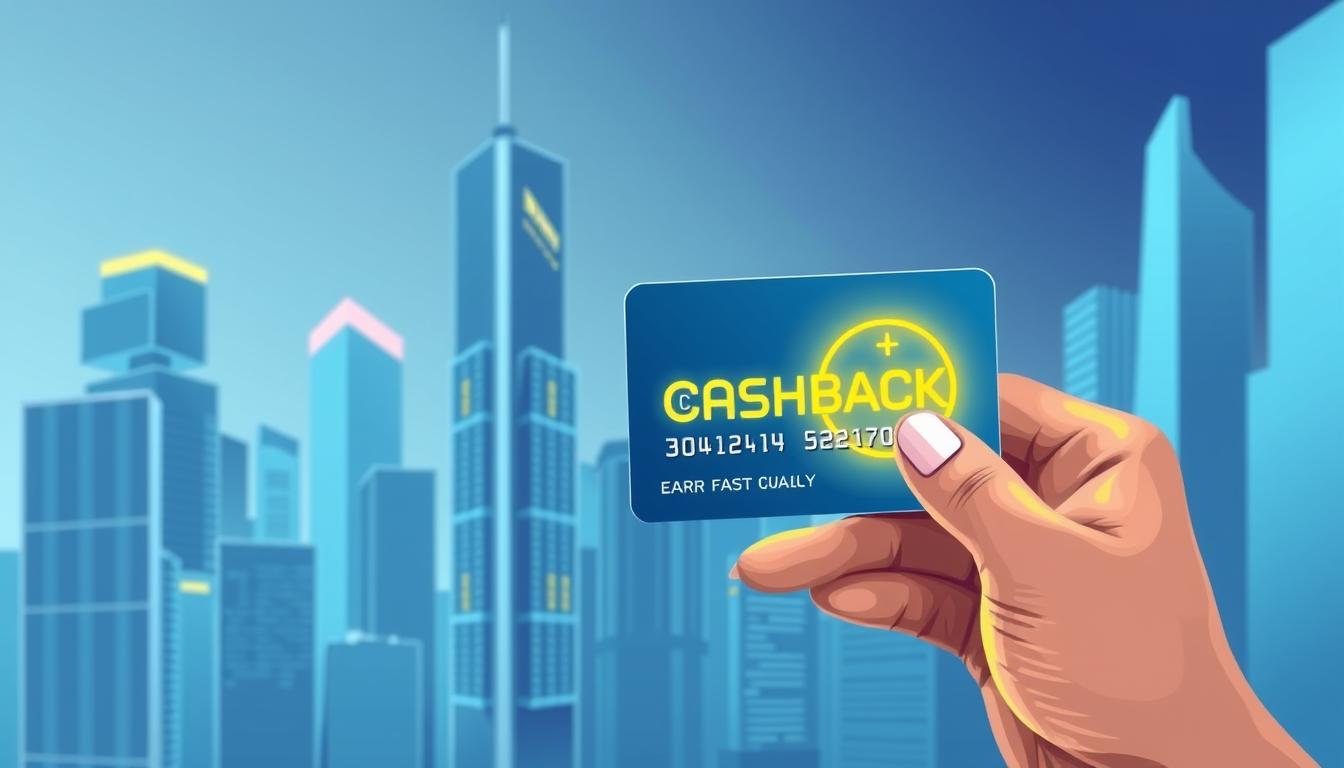 A modern and minimalist illustration showcasing "earn cashback daily". In the foreground, a hand holding a credit card with a glowing cashback symbol. The background features a sleek, futuristic cityscape with skyscrapers and a vibrant color palette of blues, grays, and highlights of yellow. Soft, directional lighting casts subtle shadows, adding depth and dimensionality. The composition emphasizes the credit card and cashback concept, conveying a sense of financial rewards and effortless transactions in a technologically advanced urban setting.