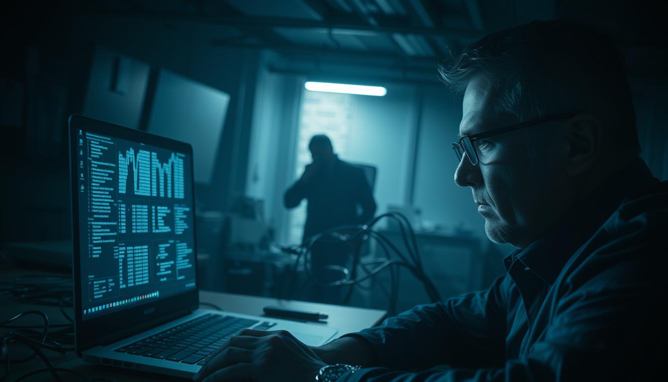 A dimly lit office space, with a sense of unease and uncertainty. In the foreground, a laptop screen displays complex financial data, casting an eerie glow on the face of a pensive business professional. The middle ground features a maze of interconnected cables and wires, symbolizing the complexity of the digital transformation process. In the background, shadows loom, hinting at the potential risks and challenges that lie ahead. The scene is illuminated by a soft, directional light, creating a sense of depth and drama. The overall atmosphere conveys the tension and apprehension surrounding the transition to a fully digitalized fiscal system.