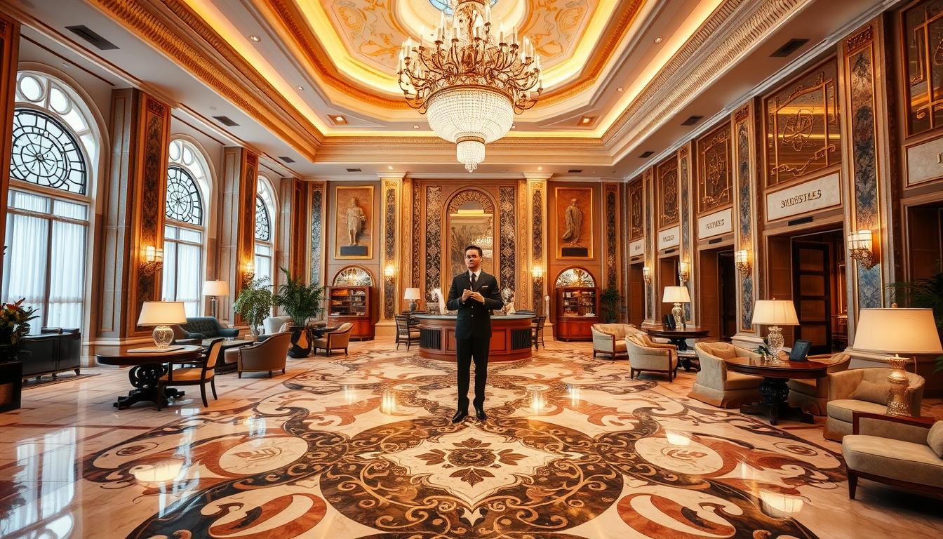 A grand and opulent hotel lobby, filled with an air of exclusivity and personalized service. In the center, a graceful, uniformed concierge stands ready to assist guests with any request, day or night. Intricate marble floors, gilded moldings, and a towering chandelier create an atmosphere of refined elegance. Plush seating areas invite relaxation, while discreet technology enables seamless, 24/7 attention to detail. Warm lighting casts a soft glow, conveying a sense of comfort and attentive care. This is the embodiment of a premium hospitality experience, where every need is anticipated and every moment is tailored to the individual.