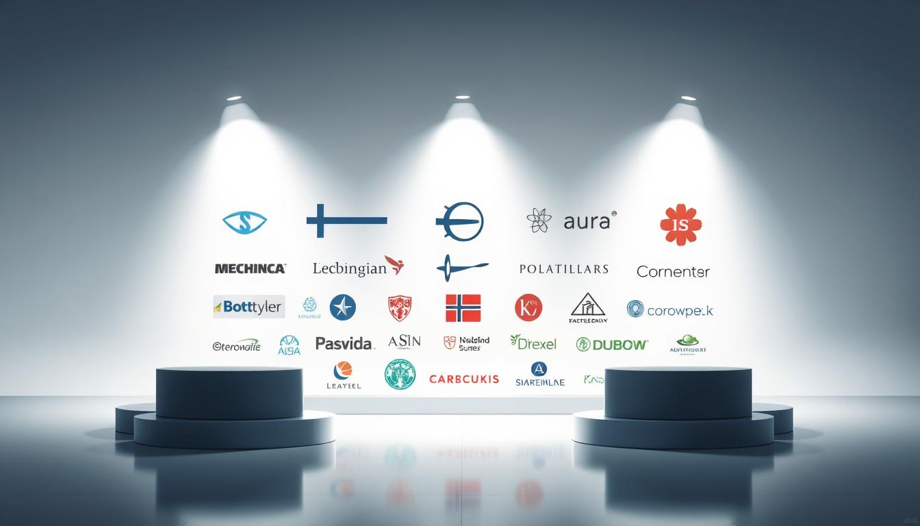 A high-quality, visually striking illustration of the "topputøvere blant norske aksjefond" in 2025. The image should depict a well-lit, meticulously composed scene showcasing a collection of prestigious Norwegian investment funds represented by their iconic logos, displayed against a clean, minimalist background. The funds should be arranged in a dynamic, eye-catching layout, with a sense of depth and perspective. The overall mood should convey a feeling of professionalism, reliability, and financial success. Subtle highlights and reflections should enhance the premium, aspirational tone. The composition should be balanced and visually appealing, drawing the viewer's attention to the funds as the focal point.