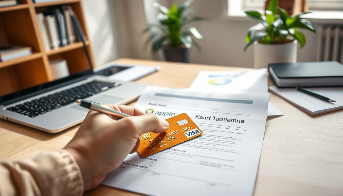 A clean, well-lit office desk with a laptop, pen, and a stack of papers. In the foreground, a person's hand is completing an application form labeled "Kaart Taotlemine" (Card Application). The mid-ground features a gold credit card with the LHV Visa Gold logo, resting next to the application. The background has a warm, professional atmosphere with a bookshelf and potted plant, conveying a sense of productivity and financial responsibility. The lighting is soft and natural, creating a welcoming and focused environment for the card application process.