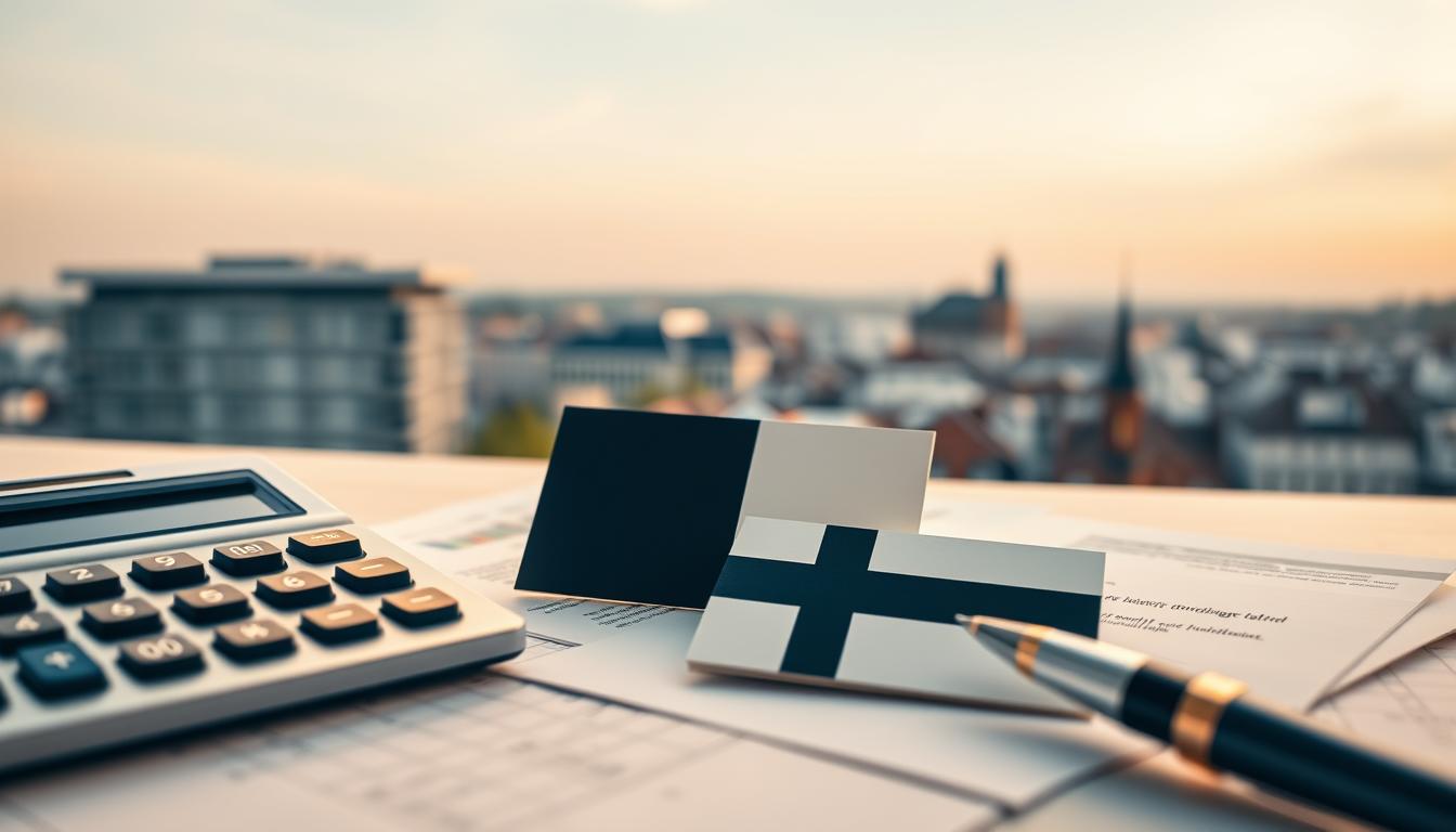 A detailed illustration of corporate income tax in Estonia, captured through a realistic, high-quality photograph. Set against a clean, minimalist background, the foreground features a calculator, financial documents, and a business card emblazoned with the Estonian flag, symbolizing the administrative and financial aspects of corporate taxation. The middle ground showcases a cityscape of Tallinn, with modern architecture and the historic Old Town visible, representing the economic landscape in which businesses operate. Subtle warm lighting casts a professional, authoritative tone, while the sharp focus and shallow depth of field draw the viewer's attention to the key financial elements. The overall composition conveys the importance and complexity of corporate taxation within the thriving Estonian business environment.