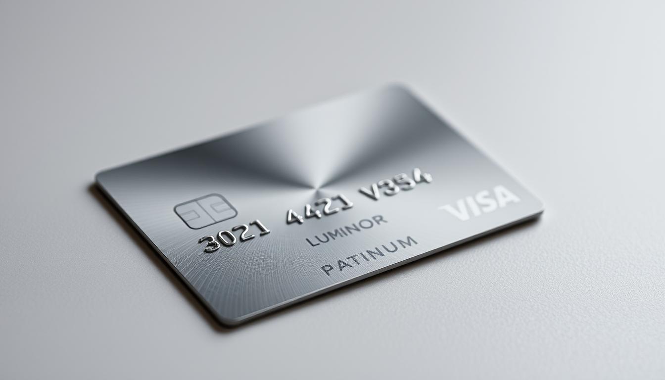 A detailed close-up shot of the Luminor Visa Platinum card from Aastamaks, showcasing the sleek metallic design, clean lines, and reflective surface. The card is placed on a plain, neutral-toned surface, allowing the card's elegant aesthetics to take center stage. The lighting is soft and diffused, creating a subtle, sophisticated ambiance. The image captures the premium quality and premium feel of the Luminor Visa Platinum card, reflecting the "Kaardi kulud ja lisakulud" section of the article.
