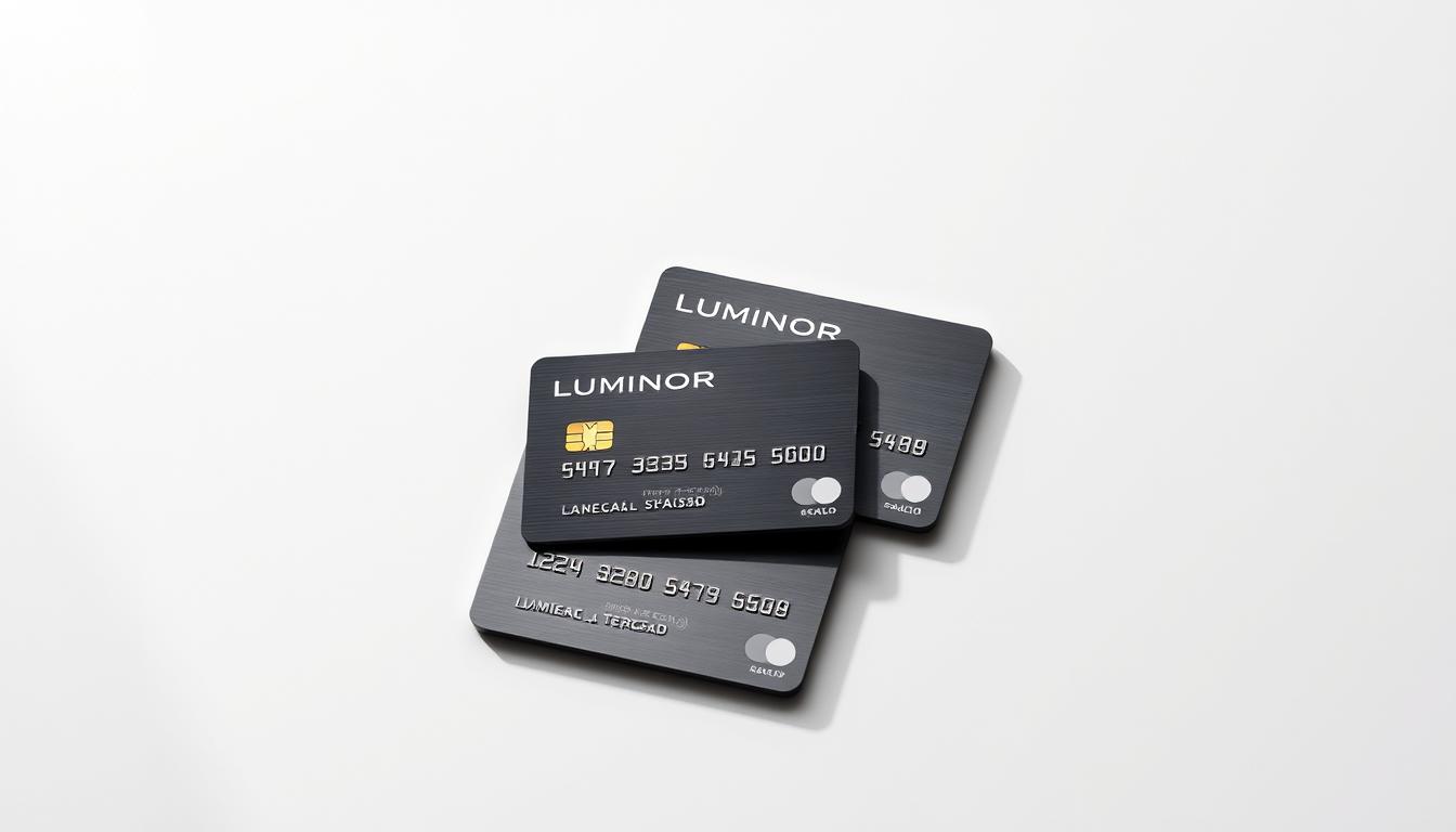 A tasteful, high-quality visual representation of a set of luminor credit cards arranged artfully on a sleek, minimalist surface. The cards are positioned in a visually appealing layout, with careful attention to composition, lighting, and perspective. The scene exudes a sense of sophistication, convenience, and financial security, reflecting the premium features and benefits of the Luminor Mastercard Gold. Soft, indirect lighting from above gently illuminates the cards, highlighting their metallic finish and clean design. The background is a simple, neutral tone that allows the cards to take center stage. Overall, the image conveys a sense of streamlined financial organization and the effortless luxury of the Luminor Mastercard Gold.