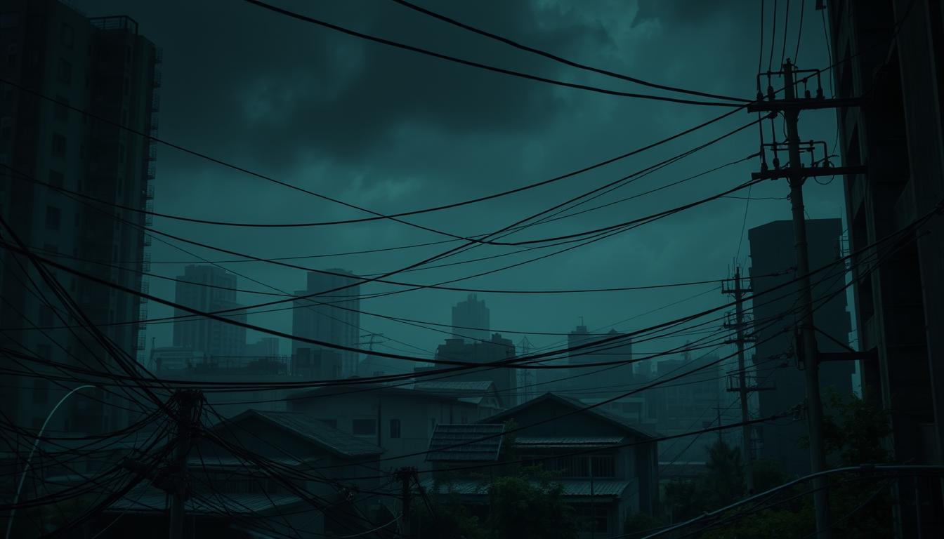 A dimly lit urban landscape, with towering buildings and a gloomy sky overhead. In the foreground, a tangled web of electrical wires and pipes snakes across the scene, symbolizing the complexities and challenges of green loan programs. In the middle ground, a series of buildings with weathered facades and overgrown vegetation, suggesting the neglect and lack of maintenance that can plague such initiatives. In the background, a faint silhouette of a person, representing the individual homeowner or business owner struggling to navigate the bureaucratic maze of green loan applications and requirements. The overall mood is one of frustration and uncertainty, conveying the potential pitfalls and obstacles that can arise when attempting to access green financing.