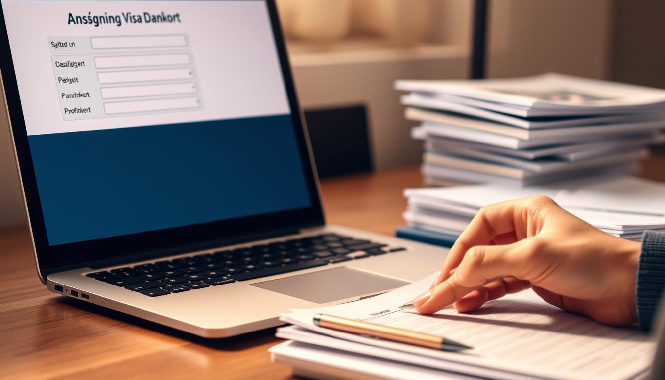 A neatly organized desk with a laptop, pen, and stack of documents labeled "Ansøgning Visa Dankort". The laptop screen displays an online application form with fields to fill out. A hand holding a pen hovers over the keyboard, ready to input information. Warm, natural lighting casts a soft glow over the scene, creating a professional and efficient atmosphere. The background is blurred, keeping the focus on the application process at hand. The overall composition conveys the sense of an individual diligently completing the steps to obtain a Visa Dankort.