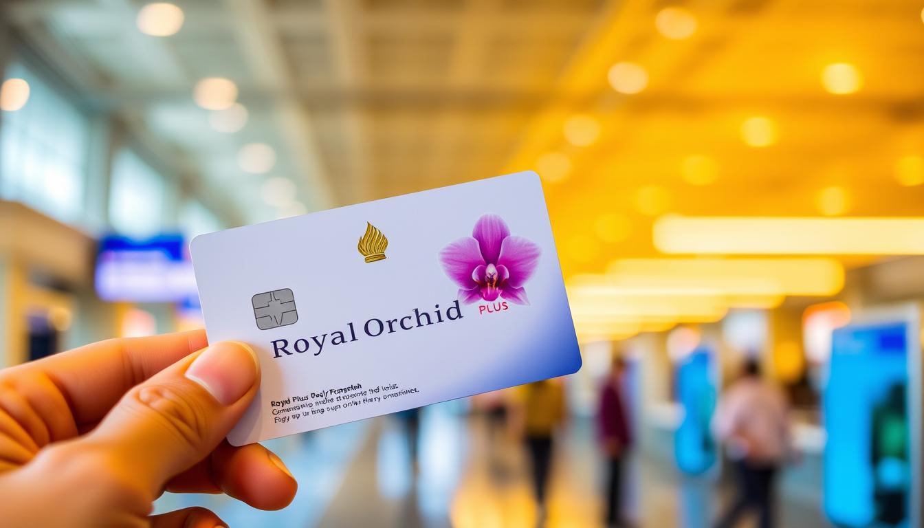 A close-up photograph of a hand holding a Bangkok Airways membership card with the "Royal Orchid Plus" logo prominently displayed. The card is positioned against a blurred background of an airport terminal, with warm, golden lighting illuminating the scene. The image conveys a sense of travel, membership benefits, and the ease of signing up for the loyalty program. The focus is sharp on the card, allowing the viewer to clearly see the details and branding.