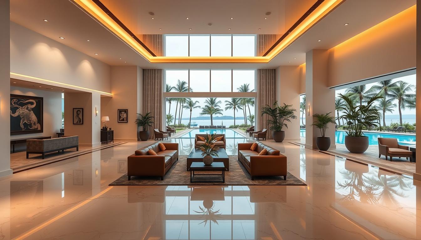 A luxurious, contemporary hotel lobby in a premium resort setting. The space is bathed in warm, diffused lighting that casts a cozy, inviting ambiance. The clean, minimalist design features sleek, polished marble floors, crisp white walls, and elegant furnishings. A central seating area with plush, leather sofas and armchairs invites guests to relax. Lush, potted plants and subtle artwork adorn the space, creating a sense of refined sophistication. Large, floor-to-ceiling windows offer panoramic views of a serene, tropical landscape outside, with swaying palm trees and a tranquil, azure-blue pool visible in the distance. An air of exclusivity and personalized service pervades the scene, conveying the premium experience promised to discerning guests.