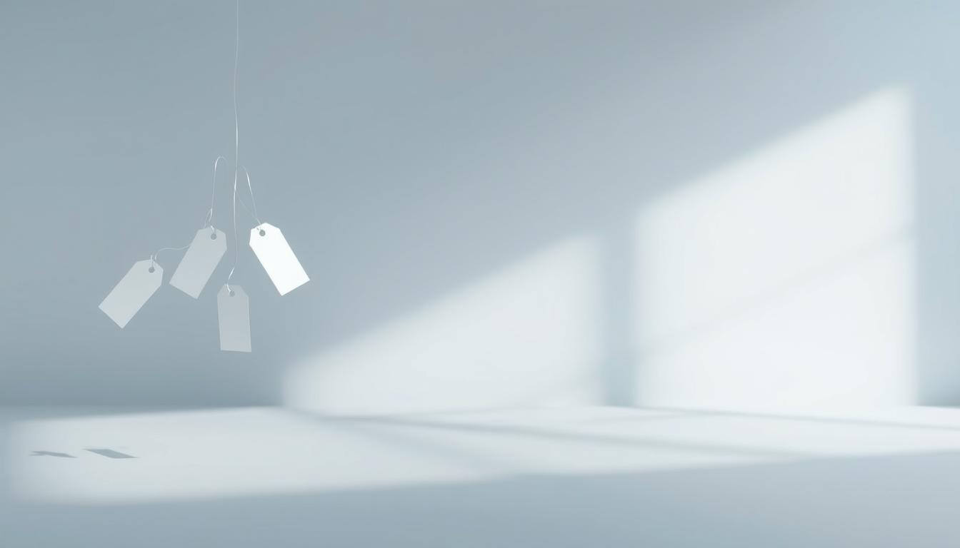 A serene, minimalist scene depicting the concept of "Protecție la preț" (Price Protection). In the foreground, a series of price tags or labels float gently, conveying a sense of fluidity and protection. The middle ground features a soft, muted background in shades of blue and gray, creating a calming, ethereal atmosphere. Subtle lighting from the side casts gentle shadows, adding depth and dimensionality to the scene. The overall composition is balanced and harmonious, visually representing the idea of price stability and security within the financial transaction process.