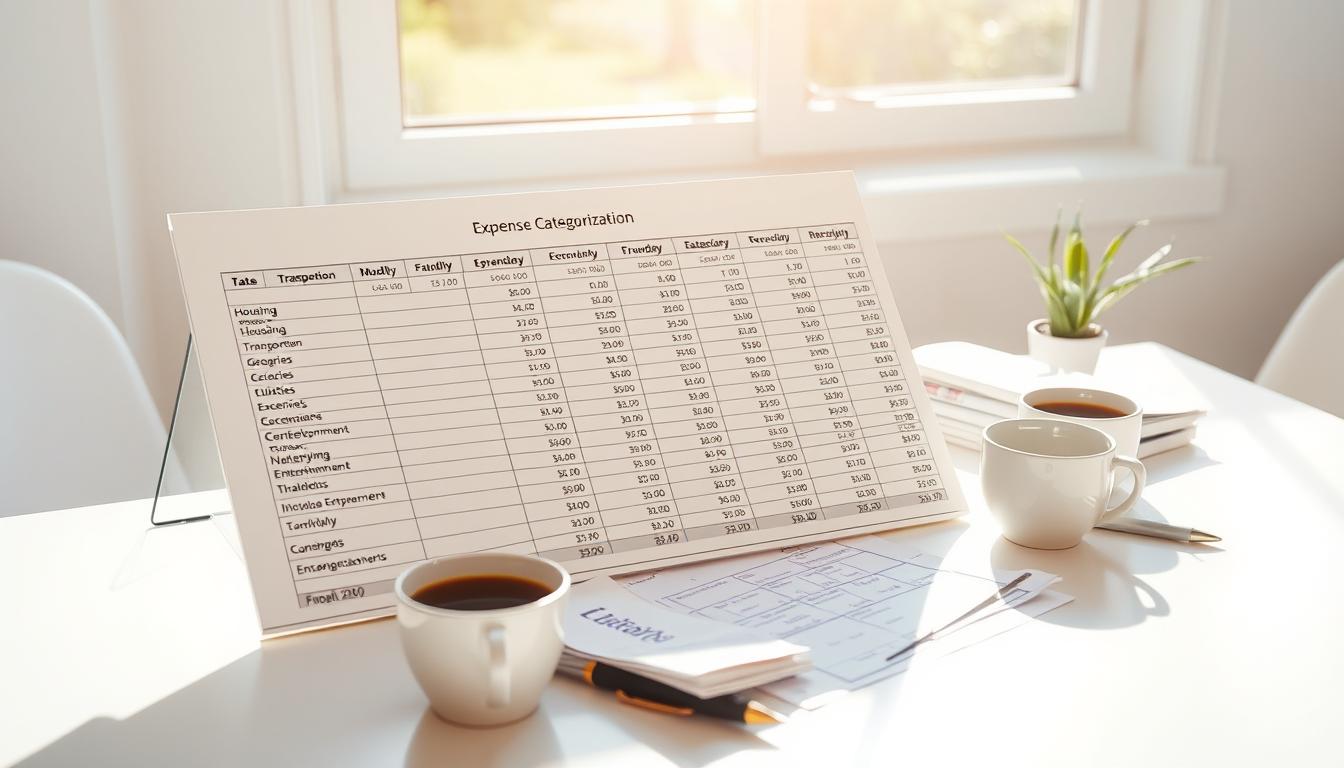 A detailed and organized personal expense categorization spreadsheet displayed on a clean, white desk. Sunlight streams in through a large window, casting a warm, natural glow on the scene. The spreadsheet features clearly labeled expense categories such as "Housing", "Transportation", "Groceries", "Utilities", and "Entertainment", allowing for a comprehensive overview of monthly spending. Neatly organized receipts, a pen, and a cup of coffee complete the productive, focused atmosphere. The image conveys a sense of control, organization, and financial diligence, perfectly suited to illustrate the "Expense Categorization" section of the personal budgeting article.