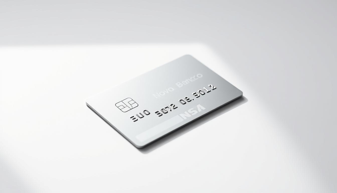 A modern, minimalist close-up image of a sleek, contactless Novo Banco credit card resting on a clean, white surface. The card is meticulously crafted, with a smooth, glossy finish and sharp edges. Subtle reflections cast on the surface create a sense of depth and high-end elegance. The image is evenly lit from above, casting soft, diffused shadows that accentuate the card's form and design details. The background is a simple, neutral tone, allowing the card to be the central focus. The overall composition and lighting create a sense of sophistication and technological innovation, perfectly capturing the "Características técnicas e funções do cartão" section of the article.
